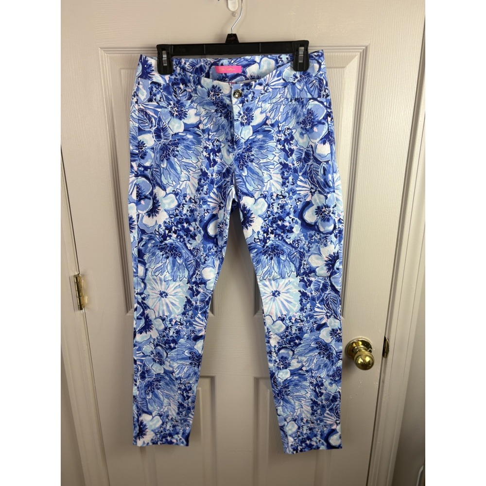 Lilly Pulitzer Kelly Ankle Pants Womens 8 Blue Floral Excellent Stretch Trousers